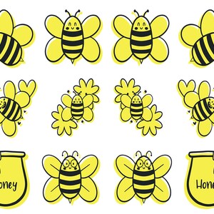 May include: A collection of cartoon bee illustrations in yellow and black, with various poses and expressions. Some bees are paired with flowers or hearts. Also included are two yellow honey pots with the word "Honey" in black.