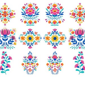 May include: A collection of colorful floral designs in various shapes. The designs feature pink, blue, orange, and yellow flowers with green leaves. The arrangements include symmetrical patterns and floral sprigs, all set against a white background.