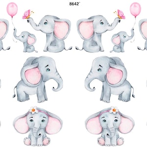 May include: Watercolor illustration of baby elephants in various poses. Some elephants hold pink balloons and butterflies. The elephants are gray with pink ears. The image has the text "8642".