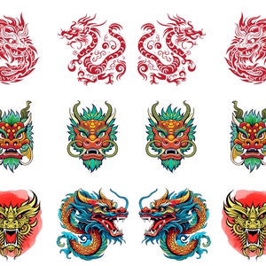 May include: A collection of dragon illustrations in various styles. The designs include red tribal dragons, detailed dragon heads in green, red, and yellow, and a blue and red dragon with intricate details. The images are on a white background.