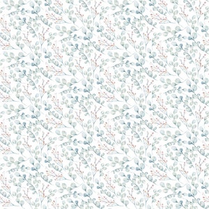 May include: A repeating pattern of watercolor eucalyptus leaves and small pink berries on a white background. The leaves are a soft blue-green color, and the berries are a muted pink. The pattern is delicate and botanical.
