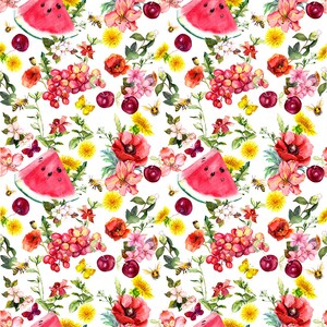 May include: A vibrant watercolor pattern featuring slices of watermelon, cherries, red poppies, yellow dandelions, pink and white flowers, grapes, butterflies, and bees on a white background. The design has a summery, botanical theme.