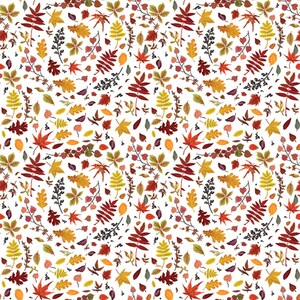 May include: A repeating pattern of autumn leaves in shades of red, orange, yellow, and green on a white background. The design features various leaf shapes and sizes, creating a natural, seasonal aesthetic. The leaves are scattered across the surface.