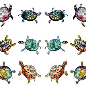 May include: Watercolor illustrations of turtles in various colors and patterns. Each turtle has a unique design on its shell, with a mix of blues, greens, yellows, and reds. The turtles are depicted in a swimming pose, with their flippers extended.