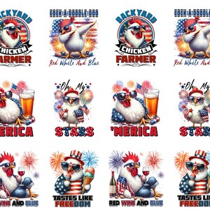 May include: A collection of patriotic-themed designs featuring cartoon chickens. Each design incorporates red, white, and blue colors, sunglasses, and various text elements such as "Backyard Chicken Farmer" and "'Merica".