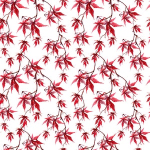 May include: A repeating pattern of red maple leaves and brown branches against a white background. The leaves are detailed with visible veins, and the branches curve gracefully. This design is suitable for various applications.