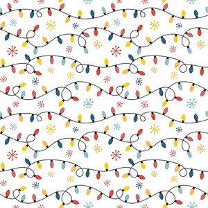 May include: A repeating pattern of Christmas lights and snowflakes on a white background. The lights are in red, yellow, blue, and green, strung on black wires. The snowflakes are in red, yellow, and blue.