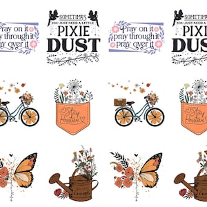 May include: A collection of whimsical illustrations featuring inspirational quotes and floral designs. Includes images of a bicycle, a pocket with the words "Stay Positive", a butterfly, and a watering can with the words "You are Enough".