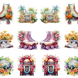 May include: Watercolor illustrations of retro items including roller skates, boomboxes, jukeboxes, and a disco ball, all adorned with colorful flowers. The images have a vintage, floral theme, perfect for stickers or prints.