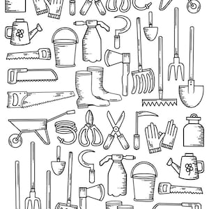 May include: Line art illustration of various gardening tools, including shovels, rakes, shears, saws, watering cans, and boots. The image is in black and white, with a simple, outlined style, perfect for garden enthusiasts.