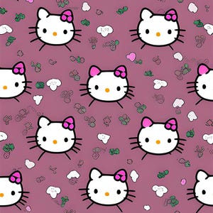 May include: A repeating pattern featuring the iconic Hello Kitty character. Each white cat face has black whiskers, a pink bow, and a yellow nose. The background is a muted purple, with scattered white and green decorative elements.