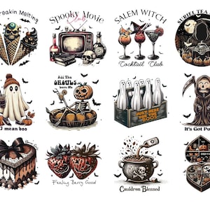 May include: A collection of Halloween-themed illustrations. Designs include a melting ice cream cone, a vintage television, cocktail glasses, a grim reaper, a ghost, a pumpkin skeleton, bowling pin ghosts, a cake, strawberries, a cauldron, and a heart-shaped box. Text includes "I'm Freakin Melting", "Spooky Movie Club", "Salem Witch Cocktail Club", "Suriel Tea and Co", "bruh, I mean boo", "All The Ghouls love Me", "Just Here For The Boos", "Feeling Berry Good", "Cauldron Blessed", and "It's Got Pockets".