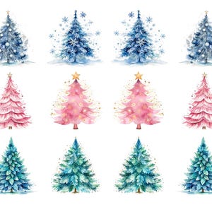 May include: Watercolor illustrations of Christmas trees in various colors. The image features blue, pink, and green trees, each adorned with ornaments and a star on top. Some trees have snowflake accents, creating a festive holiday theme.