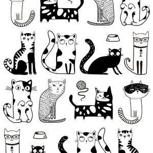 May include: A collection of whimsical cat illustrations in black and white. The cats have various patterns and expressions, some with accessories like glasses or eye masks. A ball of yarn and a cat bowl are also included.
