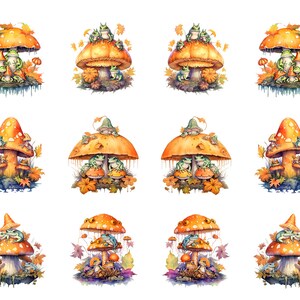 May include: Watercolor illustrations of orange mushrooms with green frogs and autumn leaves. The mushrooms have a whimsical design, with some frogs wearing hats. The overall theme is a fall or autumn season.