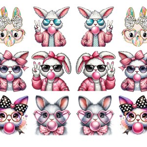 May include: A sheet of stickers featuring cartoon bunnies with sunglasses, bubblegum, and peace signs. The bunnies wear pink jackets and bows, with some sporting heart-shaped or cat-eye glasses. The stickers have a cute and playful design.