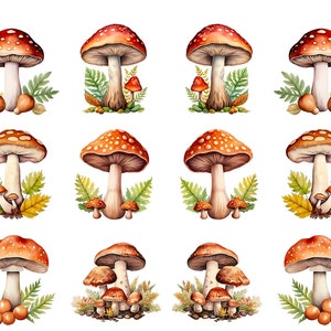 May include: Watercolor illustration of various mushrooms with red and orange caps, white spots, and white stems. The mushrooms are surrounded by green ferns, brown leaves, and nuts. The image is on a white background.