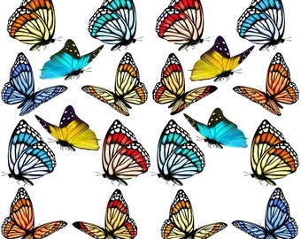 May include: A collection of colorful butterfly illustrations in various poses. The butterflies feature a range of colors, including blue, yellow, orange, and red, with detailed wing patterns. The image is set against a white background.