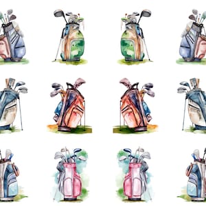 May include: Watercolor illustrations of golf bags filled with clubs. The bags are in various colors, including blue, green, pink, and orange, with a mix of golf clubs. The artwork has a hand-painted style, with a white background and a touch of green to represent grass.