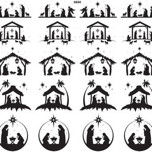 May include: A collection of black silhouette images depicting the Nativity scene. Various designs include the holy family, angels, and animals, set within a stable or under a star. The number "0434" is in the top right corner.