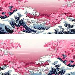 May include: Digital illustration of a Japanese-style scene featuring pink cherry blossoms and stylized ocean waves in shades of blue and white. The background has a gradient of pink and white.