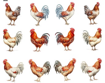 Realistic Rooster Chickens - Ceramic Decal - Overglaze Decal - Fusible Decal - Food Safe - Lead Free - 8680