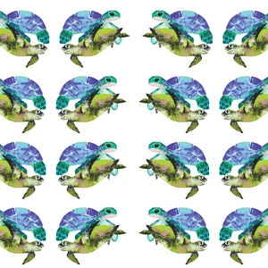 May include: Watercolor pattern of sea turtles in shades of green, blue, and purple. The turtles are arranged in a repeating pattern on a white background. The turtles have detailed shells and flippers.