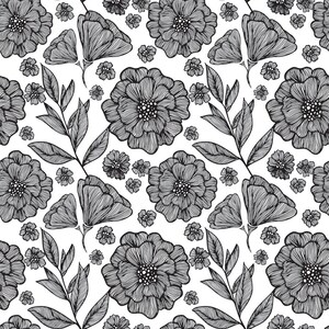 May include: Black and white floral pattern featuring detailed line art of large and small flowers, buds, and leaves on a white background. The design includes various flower sizes and leaf arrangements, creating a repeating, natural motif.