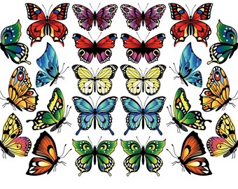May include: A collection of colorful butterfly decals in various sizes and designs. The butterflies feature a range of colors, including red, blue, yellow, green, and purple. Each butterfly has intricate wing patterns and details, perfect for crafts and decorations.