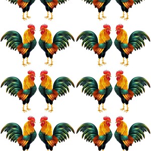 May include: A repeating pattern of colorful rooster illustrations. Each rooster features a red comb, yellow and orange feathers, green wings, and black legs. The roosters are facing different directions.