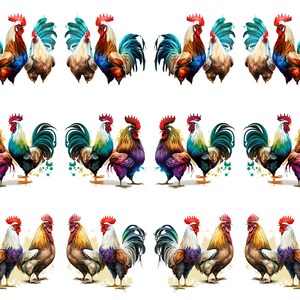 May include: Watercolor-style rooster illustrations in various color combinations. Each rooster features a red comb, with plumage in shades of blue, green, orange, and purple. The roosters are arranged in pairs on a white background, suitable for decorative purposes.