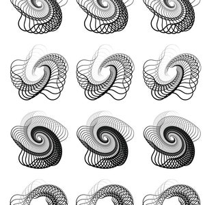 May include: A grid of twelve abstract black and white spiral designs. Each design features a swirling, layered pattern with a central spiral. The designs are set against a white background. The number "1981" is in the top left corner.