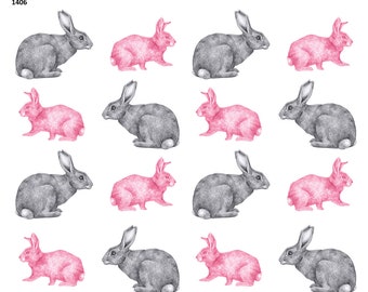Graphite Hand Drawn Rabbits  - Ceramic Decal - Overglaze Decal - Fusible Decal - Food Safe - Lead Free - 1406