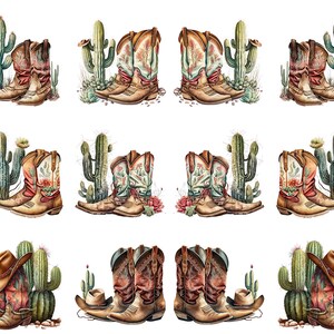 May include: Watercolor illustrations of cowboy boots with floral designs and cacti. The boots are in pairs, with varying colors and patterns, set against a white background. Some images include cowboy hats. The style is reminiscent of country and western themes.