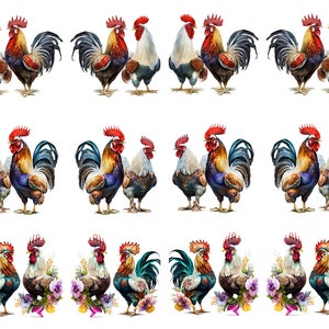 May include: Watercolor illustrations of roosters in various poses. The roosters feature vibrant colors, including red combs, blue and green tail feathers, and brown and white bodies. Some images include floral arrangements.
