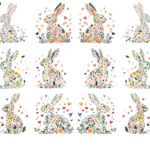 May include: A repeating pattern of floral bunny silhouettes in various poses. Each bunny is filled with colorful flowers and foliage, with small hearts scattered around them. The design is set against a white background.