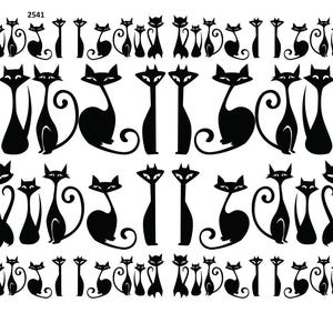 May include: Black cat silhouettes in various poses, including standing, sitting, and walking. The cats have pointed ears and curved tails. The image is a repeating pattern of cat designs.