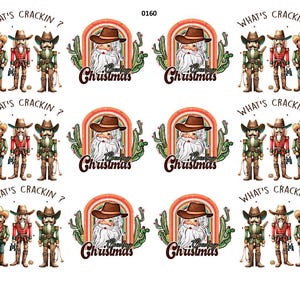 May include: Sheet of Christmas-themed stickers featuring cowboy nutcrackers and Santa Claus wearing a cowboy hat. The stickers include the text "What's Crackin?" and "Cowboy Christmas". The background is white.