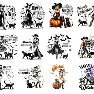 May include: A collection of black and white illustrations featuring witches with cats, bats, and pumpkins. Each design includes the text "Howdy Witches" in various fonts and styles. The images are suitable for Halloween-themed products.