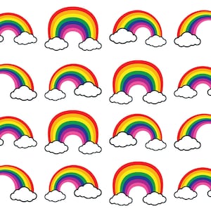 May include: A repeating pattern of colorful rainbow graphics with white clouds. Some rainbows have a pot of gold at the end. The rainbows are in red, orange, yellow, green, blue, and purple.