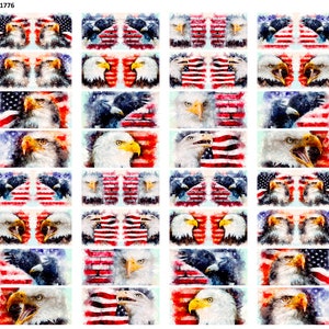 May include: A collection of rectangular images featuring watercolor illustrations of bald eagles, American flags, and patriotic themes. The images showcase the eagle's head and the flag's stripes and stars in red, white, and blue.