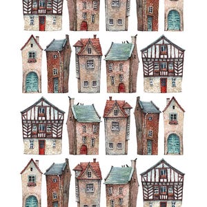 May include: Watercolor illustration of various European-style houses. The houses feature red, brown, and white facades, with details like chimneys, windows, and doors. Some have half-timbered designs, and others have arched doorways. The image includes the number 5983.