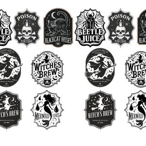 May include: A collection of black and white Halloween-themed stickers. Designs include a beetle with the text "Beetle Juice", a skull with the word "Poison", a black cat with "Blackcat Hisses", a witch on a broom, and a mermaid with "Mermaid Tears".