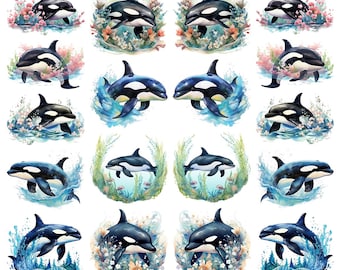 Watercolor Floral Killer Whales - Overglaze Ceramic + Enamel Decals - Food Safe - Lead Free - 6326