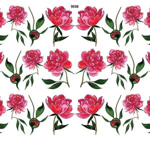 May include: Watercolor illustration of vibrant pink peony flowers with green leaves and buds. The flowers are in various stages of bloom, arranged on a white background. The image includes the number "9038".