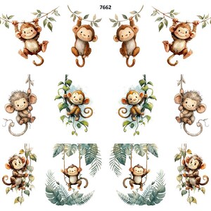 May include: Watercolor illustrations of playful monkeys in various poses. Some monkeys hang from branches, others swing on vines, and some are perched among tropical leaves. The monkeys are brown with light brown faces and tails. The image includes the number 7662.