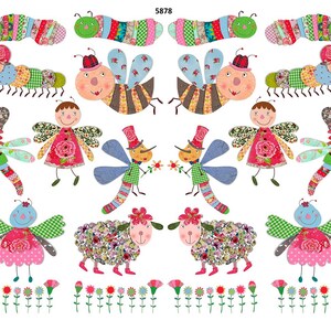 May include: A whimsical collage of colorful fabric creatures and floral elements. The design includes smiling bees, fairies, sheep, and caterpillars, all with patchwork patterns. The number 5878 is in the upper left corner.