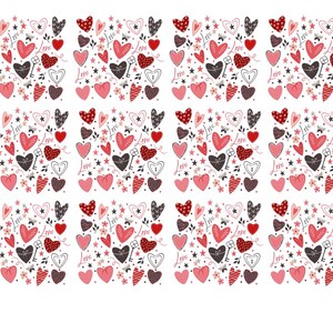 May include: A repeating pattern of hearts, keys, and floral elements in red, pink, and black on a white background. The word "Love" is written on some of the hearts. The design includes stars and small flowers.