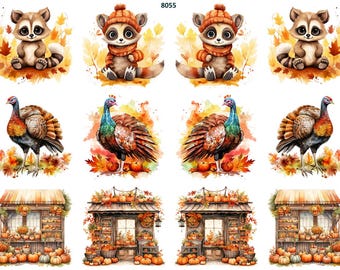 Watercolor Autumn Mix of Shops, Turkeys Lemurs -  Ceramic Decal - Overglaze Decal - Fusible Decal - Food Safe - Lead Free - 8055
