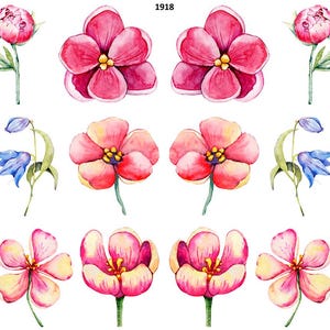 May include: Watercolor floral illustrations featuring various flowers in shades of pink, purple, and orange. The image includes peonies, pansies, and other blossoms with green stems and leaves. The word "1918" is at the top.